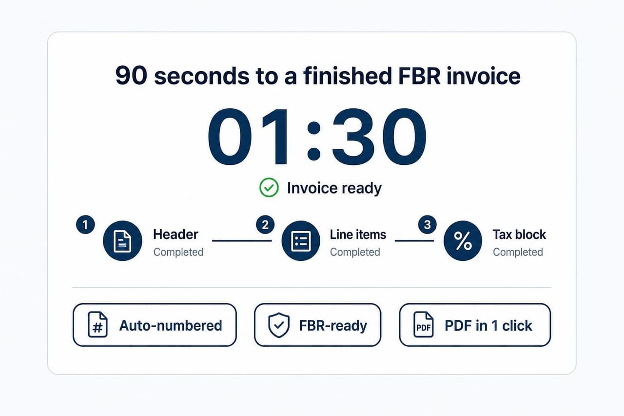 ONE ERP Quick Bill result: a finished FBR-ready invoice in 90 seconds with auto-numbering and one-click PDF