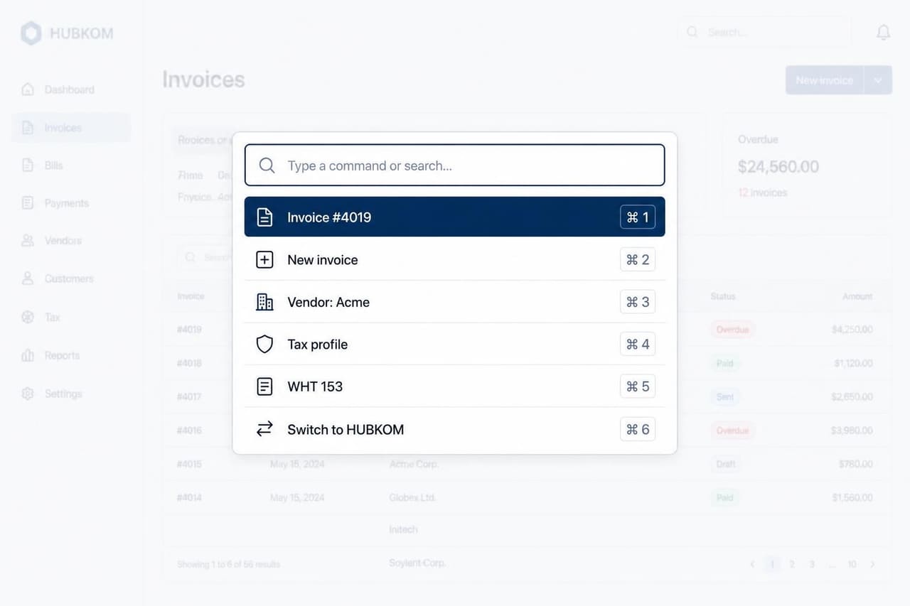 ONE ERP Super Search Ctrl+K command palette mockup showing instant access to invoices, vendors, tax profile and actions